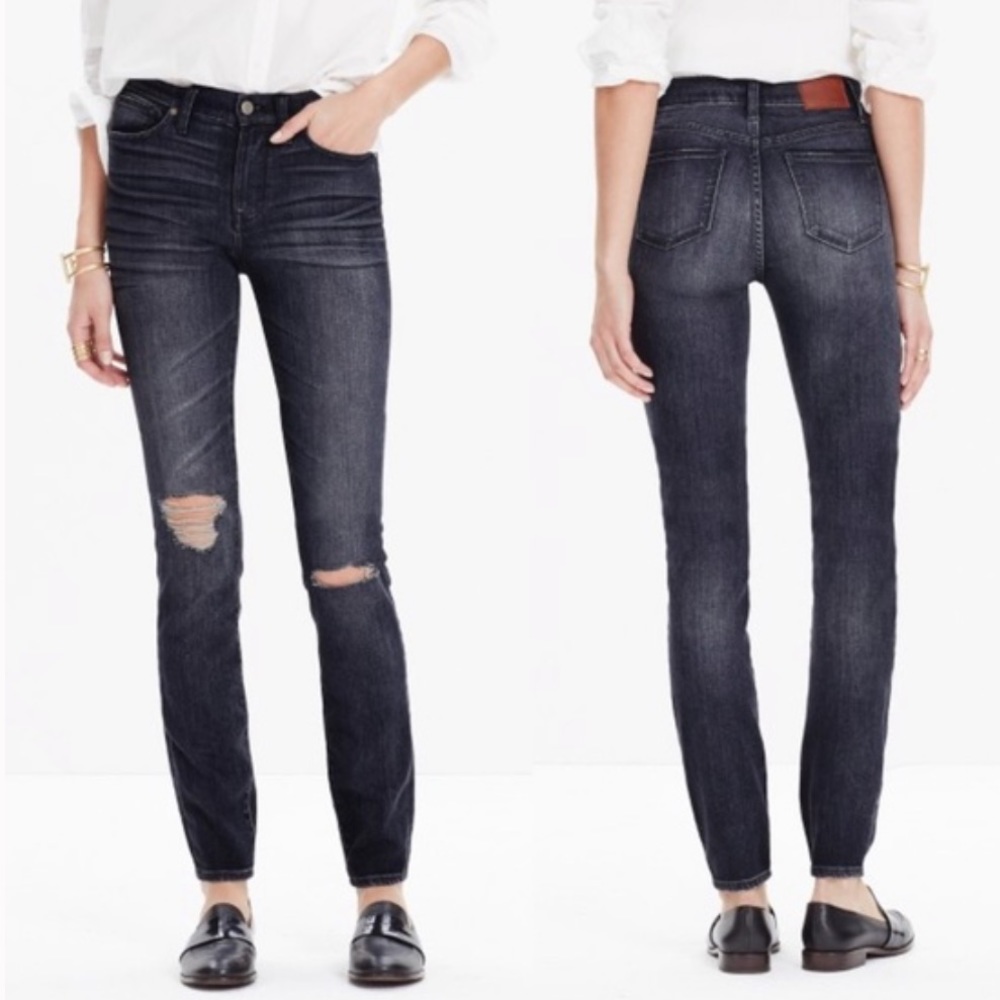 Madewell high riser skinny Kincaid black rip knees